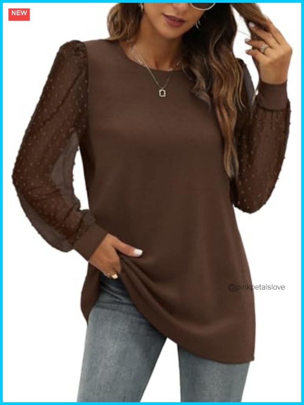 Women's Long Sleeve Tunic Top Puff Sleeve Swiss Dot Crew Neck Loose Fit - Picture 3 of 6